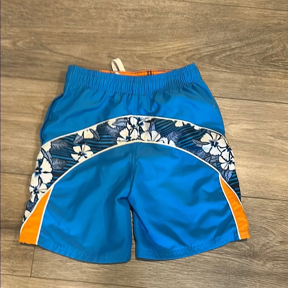 Blue and White Swim‎ Trunks with Tropical Print